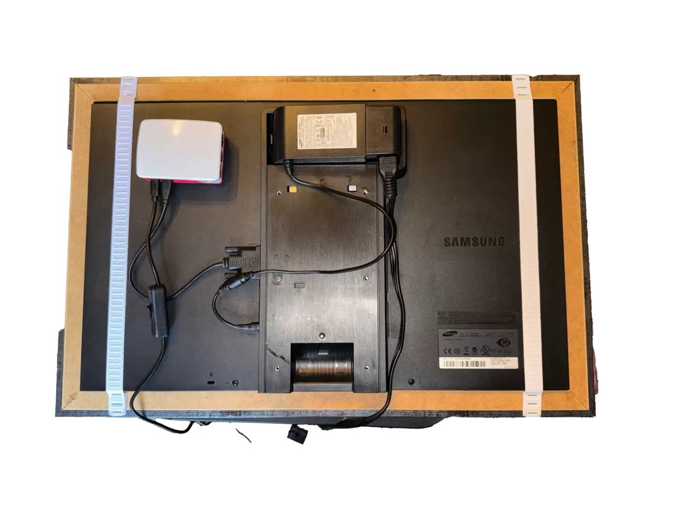Back of digital picture frame showing Raspberry Pi and monitor
